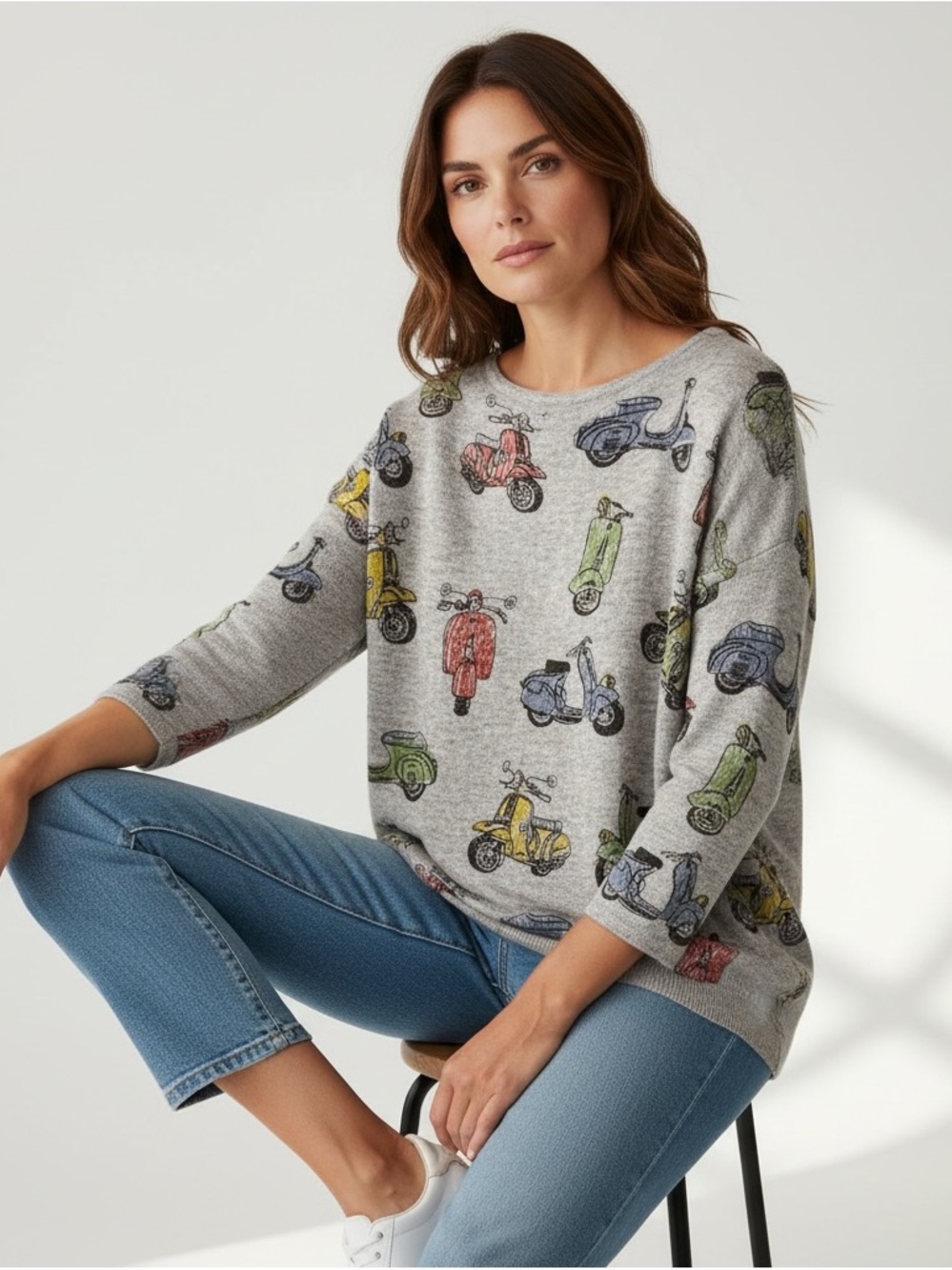 Whimsical Vespa Print Knit Sweater - 
LaSoul M/L